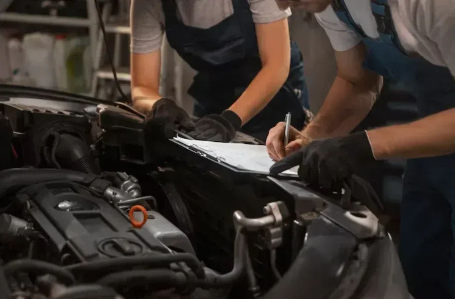 A mechanic verifying vehicle inspection results at the engine bay.